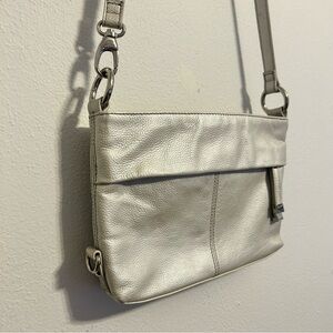 Silver Pebbled Leather Fold-Over Crossbody Bag